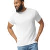 Man wearing a plain white t-shirt.