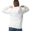 Person adjusting white hoodie from behind.