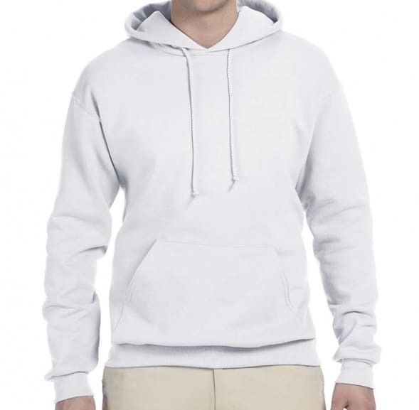 White hooded sweatshirt, front view.