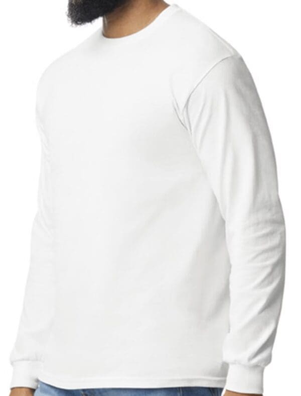 White long-sleeve t-shirt on model.